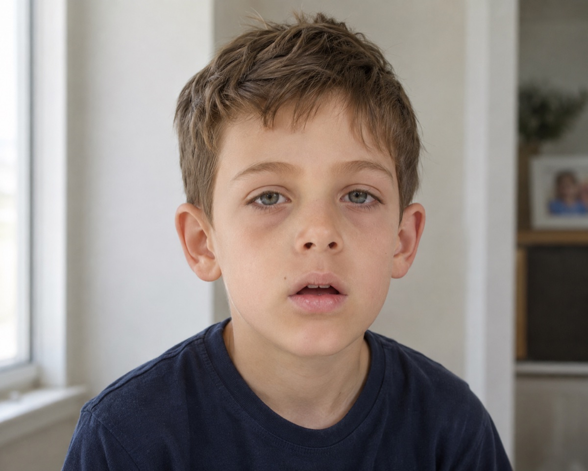 Young boy resting with his lips parted and mouth open, showing the tired eyes and longer lower face associated with chronic mouth breathing